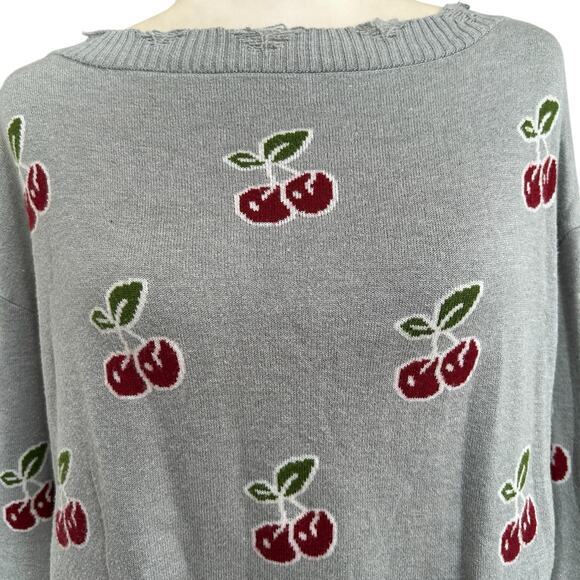 Cherry Sweater Knit Thrashed Womens Medium Grey Red V Back Grunge Cozy Punk - Picture 3 of 11